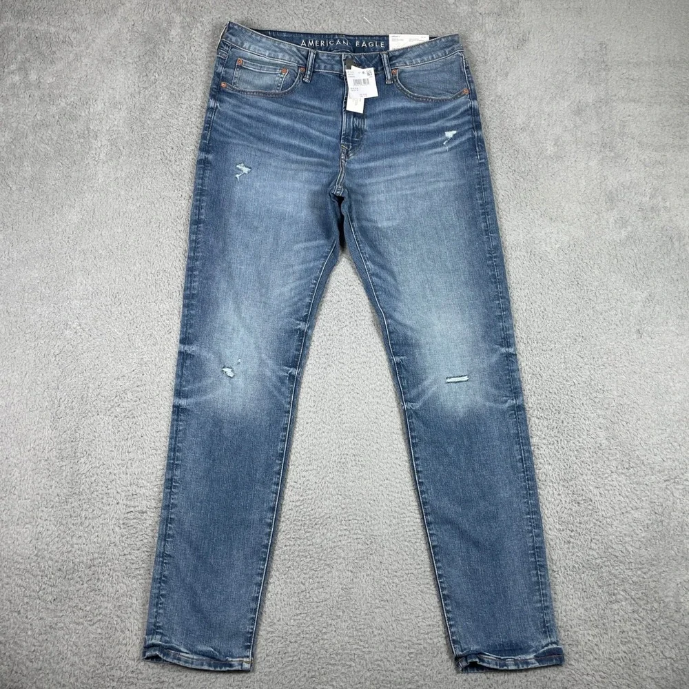 American Eagle Jeans Mens 34x34 Blue Athletic Fit Distressed Stretch Airflex NEW